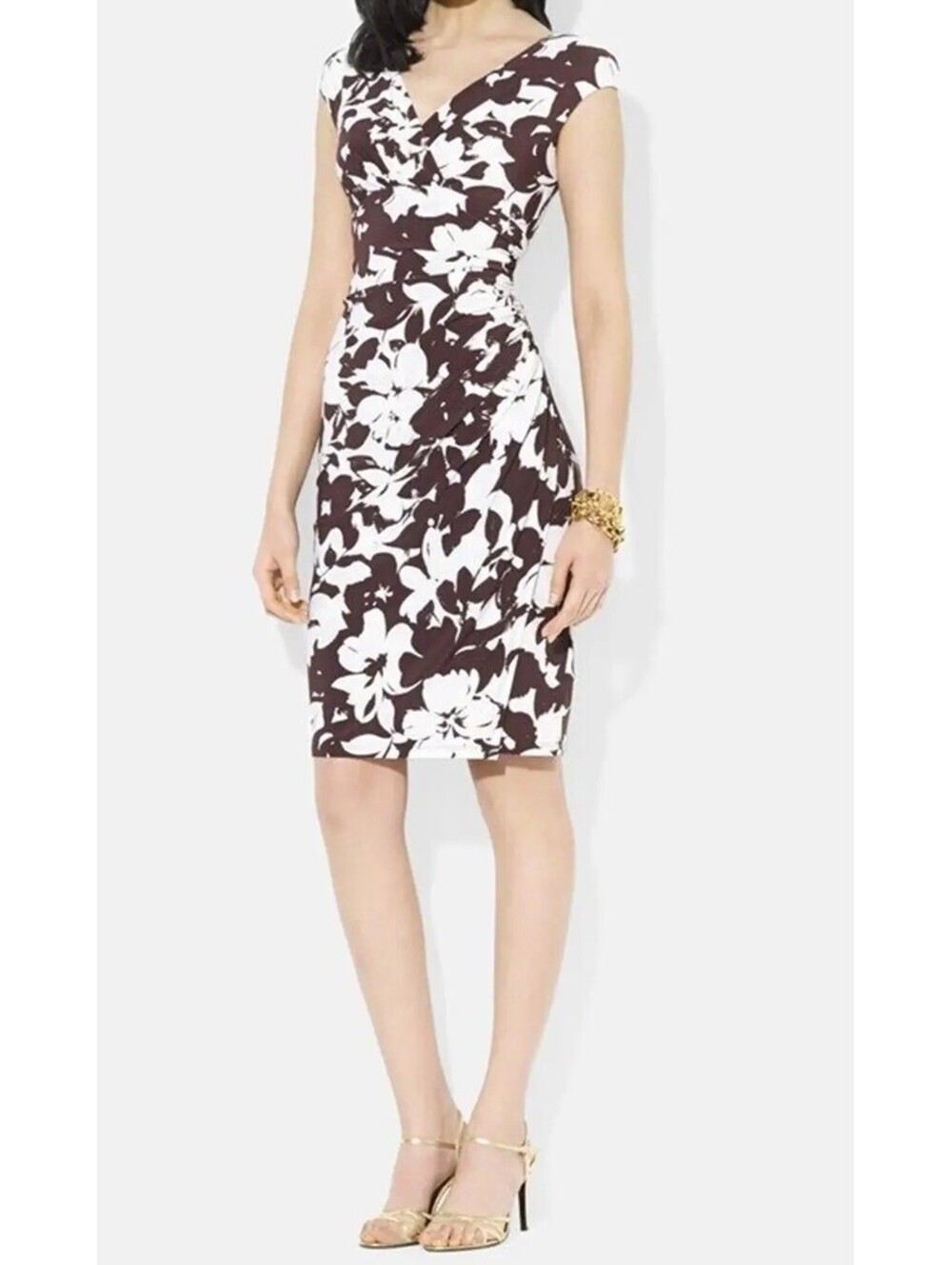 Lauren Ralph Lauren Black/White Floral Ruched V-Neck Cap Sleeve Sheath 10